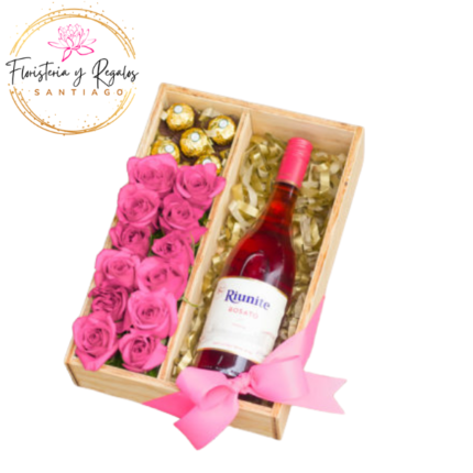 ARREGLO EN BASE 12 ROSAS + 1 CHAMPAGNE 750ML Y 5 BOMBONES