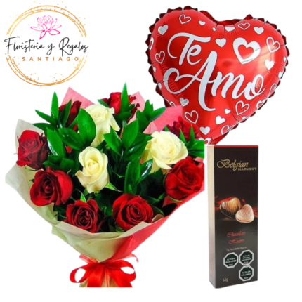 RAMO 12 ROSAS, BOMBONES BELGIAN Y GLOBO