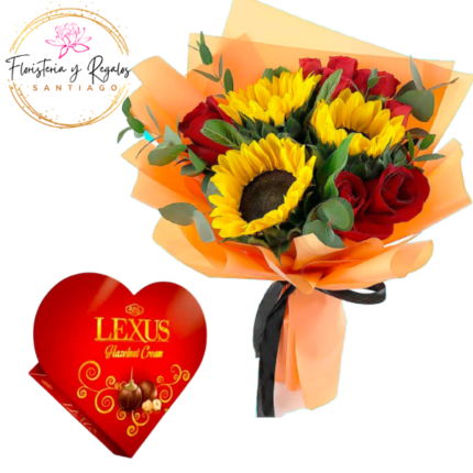 RAMO DE 6 ROSAS 3 GIRASOLES + BOMBONES LEXUS 47G