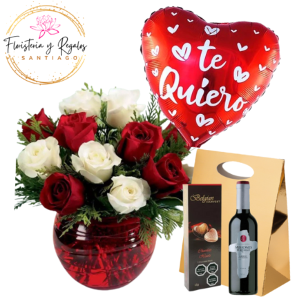 PECERA DE 12 ROSAS, FOLLAJE, VINO 375, BOMBONES BELGIAN Y GLOBO