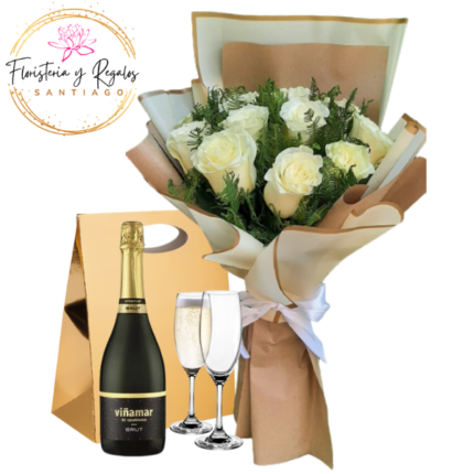 RAMO DE12 ROSAS, CHAMPAGNE 750ML Y 2 COPAS