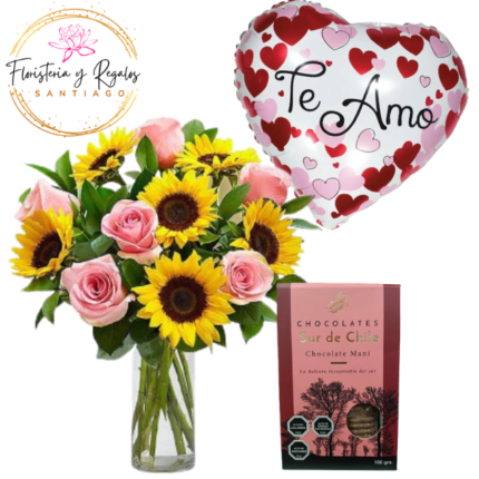 FLORERO DE 6 ROSAS, 6 GIRASOLES, BOMBONES DEL SUR Y GLOBO