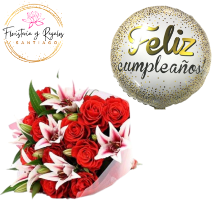 RAMO DE 10 ROSAS 5 LILIUM + GLOBO