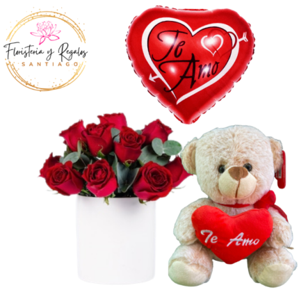 BOX DE 10 ROSAS, PELUCHE DE 25CM Y GLOBO