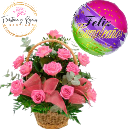 CANASTITA DE 12 ROSAS + GLOBO