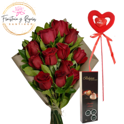 RAMO DE 12 ROSAS, BOMBONES BELGIAN Y TOPPER