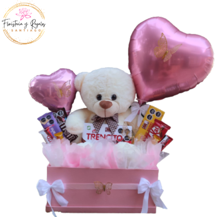 CAJA RECTANGULAR CON PELUCHE DE 40CM, 7 BARRAS DE CHOCOLATES Y GLOBOS