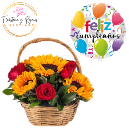 CESTITA 6 ROSAS 4 GIRASOLES + GLOBO