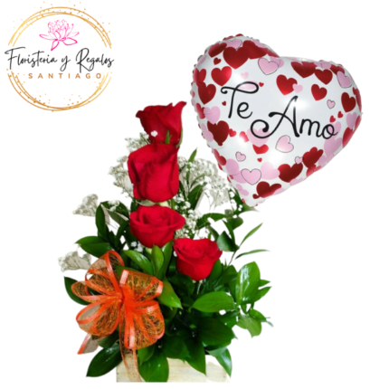 ARREGLO 4 ROSAS, FOLLAJE Y GLOBO