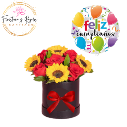 BOX DE 4 GIRASOLES 6 ROSAS + GLOBO