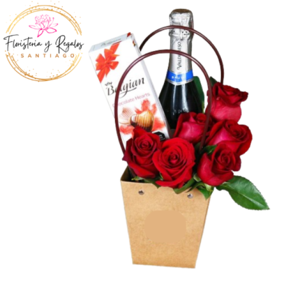 ARREGLO 06 ROSAS + CHAMPGNE 375ML Y BELGIAN