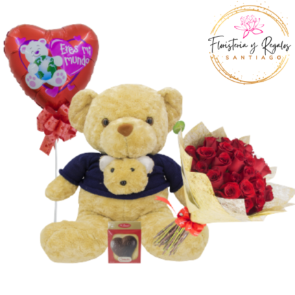 RAMO DE 24 ROSAS + PELUCHE DE 30 CM + GLOBO +BOMBONES DEL SUR