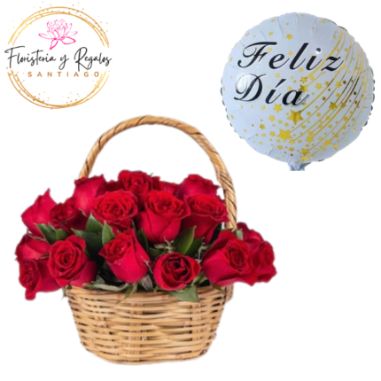 CESTITA DE ROSAS 16 ROSAS+ + GLOBO