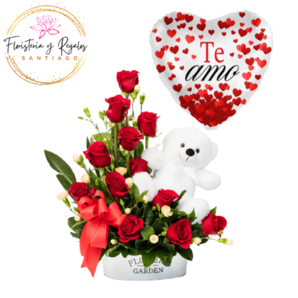 ARREGLO 12 ROSAS, PELUCHE DE 20CM Y GLOBO