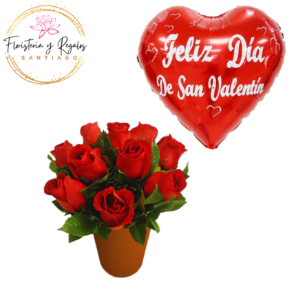 ARREGLO 10 ROSAS Y GLOBO