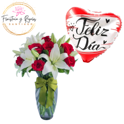FLORERO 8 ROSAS, 4 LILIUM Y GLOBO