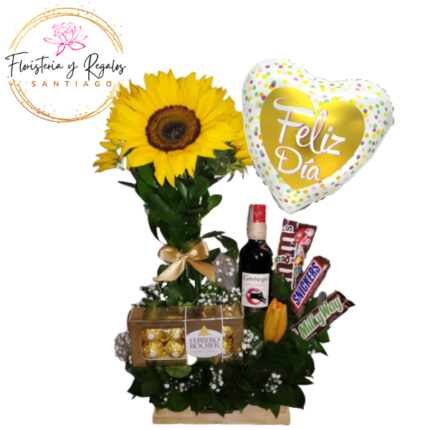 BASE MADERA DE 3 GIRASOLES, FERREROS ROCHER 100GRS, 3 BARRA CHOCOLATE, VINO 375 Y GLOBO