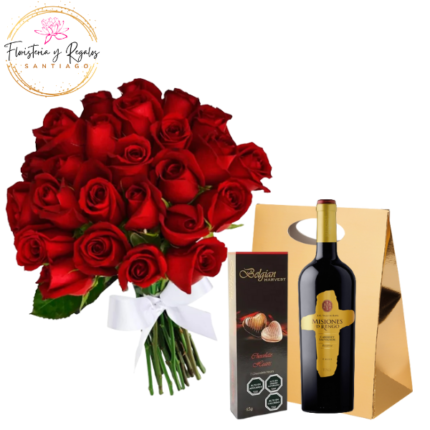 RAMO BOUQUET DE 30 ROSAS, VINO 750ML Y BOMBONES BELGIAN