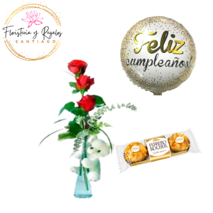 FLORERO DE 3 ROSAS + PELUCHE 20CM + BOMBONES UND + GLOBO