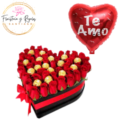 CAJA CORAZON DE 40 ROSAS + 16 BOMBONES