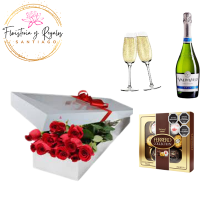 CAJA VISORA DE 6 ROSAS + FERRERO ROCHER COLECCION + COPAS Y CHAMPAGNE