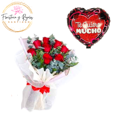 RAMO 8 ROSAS Y FOLLAJE + GLOBO