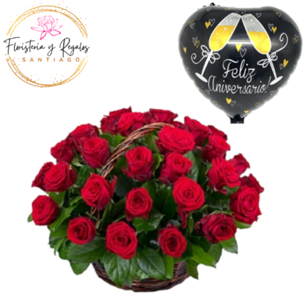 CANASTA DE 32 ROSAS  + GLOBO