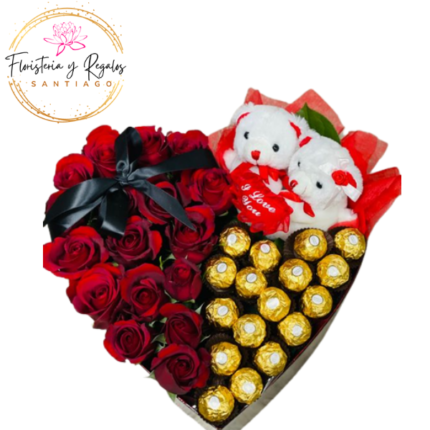 CAJA CORAZÓN DE 17 ROSAS, 17 BOMBONES Y 2 PELUCHITOS