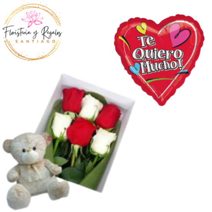 CAJA DE 6 ROSAS + PELUCHE 20CM + GLOBO