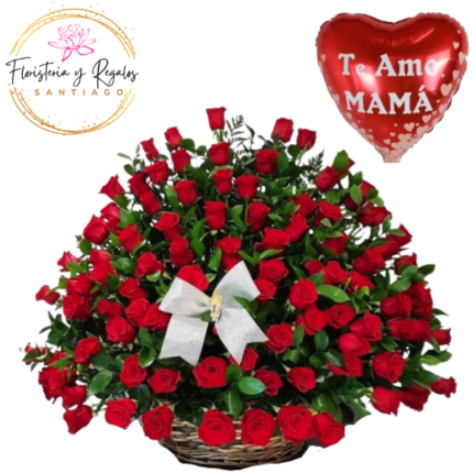 CANASTA PARA LA MEJOR MADRE DEL MUNDO 80 ROSAS Y GLOBO
