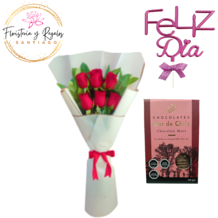 RAMO DE 6 ROSAS LINEAL + BOMBONES DEL SUR Y TOPPER